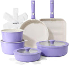 SENSARTE 17 Piece Ceramic Detachable Handle Pots and Pans Set Purple | Ceramic Cookware Set, Induction Cookware Set with Removable Handle, Healthy Non Stick for RV, Dishwasher ＆ Oven Safe