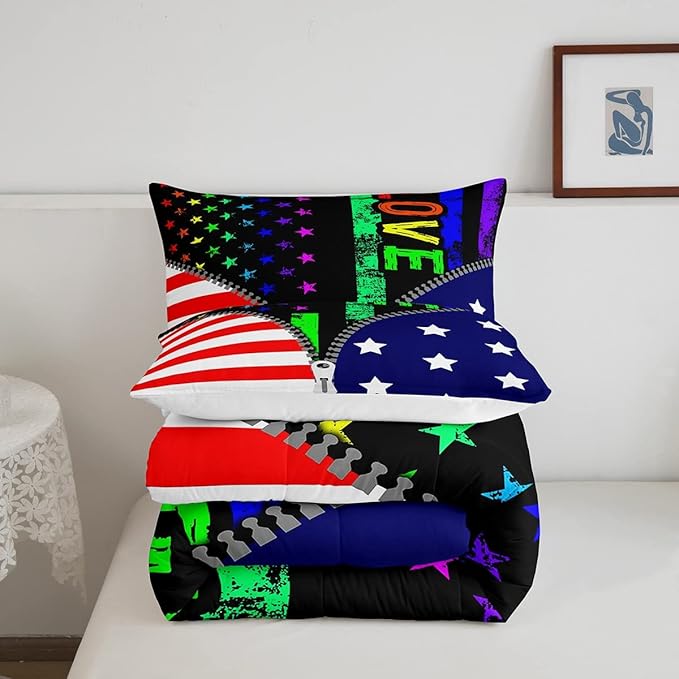 Erosebridal American Flag Comforter Set Rainbow Pride Bedding Set Twin Size for Teens Adult Women Bedroom,USA Federations Stars Stripes Down Comforter Kids Unique Zipper Design Duvet Sets, Colorful