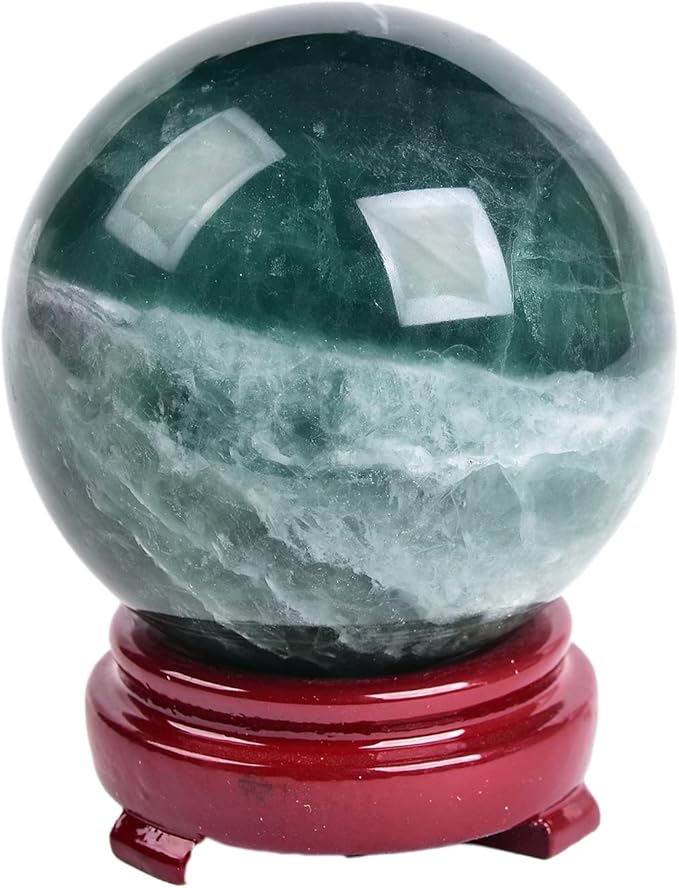 JIC Gem Natural Green Fluorite Quartz Crystal Ball Sphere Healing Crystal Sphere Decorative Ball with Wooden Stand Home Decoration Christmas Day Gifts (70-80mm)