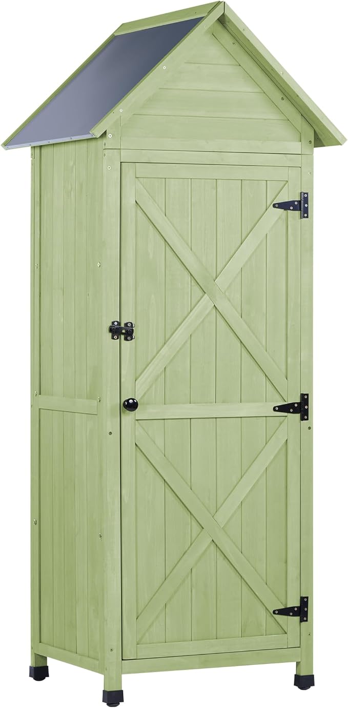Wooden Outdoor Storage Cabinet,Tall Vertical Garden Tool Shed with Waterproof Metal Roof & Adjustable Feet – Perfect for Yard, Patio, Lawn & Deck (Green, 22" x 26" x 67")