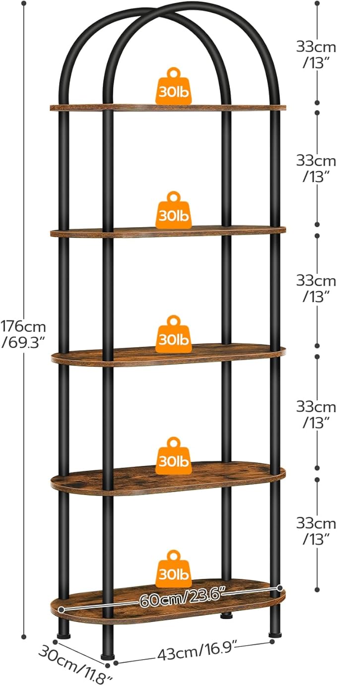 HOOBRO 5 Tier Open Bookshelf, Industrial Arched Bookcase Display Shelf Racks, Wooden Bookcase Storage Shelves Metal Frame, Tall Storage Organizer for Home, Easy Assembly, Rustic Brown BF176SJ01