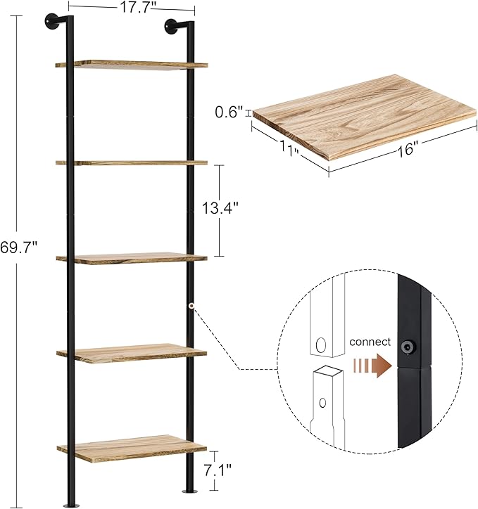 5-Tier Bookshelf Solid Wood Ladder Shelf, Narrow Book shelf Display Shelf, Wooden Ladder Shelf Bookcase, Wall Mount Ladder Shelf, Storage Rack for Living Room, Bedroom, Industrial Style, Rustic Brown
