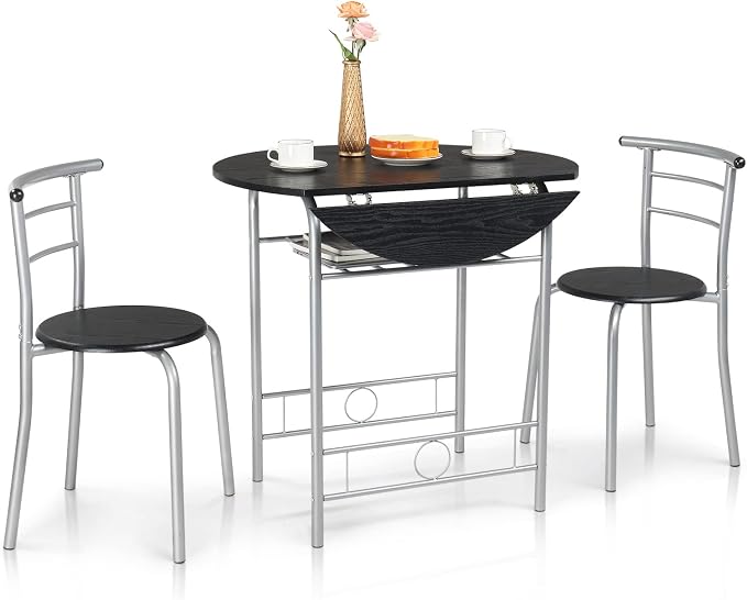 VINGLI 31.5" Drop Leaf Dining Table Set for 2, 3 Pieces Dining Table with Chair for Small Space, Small Kitchen Extendable Folding Dining Table for Dining Room，Home, Apartment, Saving Places, Black