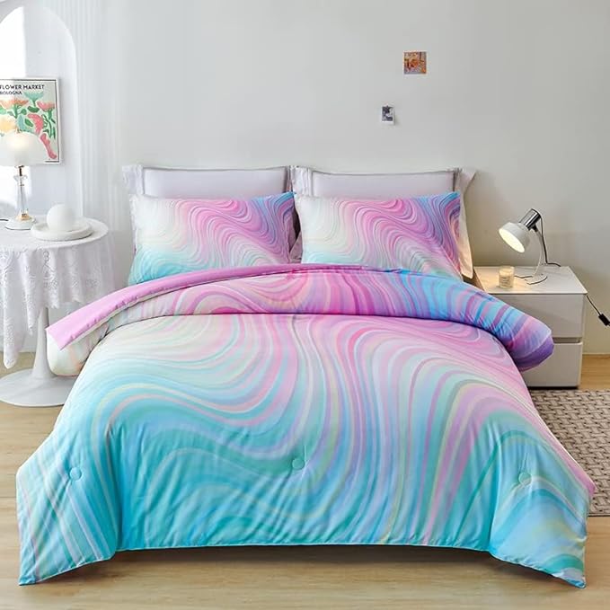 tie dye Queen Comforter Set,Queen Comforter Set for Girls,Pink Comforter Set for Kids Teens,Kids Queen Bedding Set for Girls,Colorful Rainbow Bedding Set for Girls