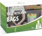 100% Compostable Trash Bags, 13 Gallon, 49.2 Liter, 0.91 Mils, 65 Count Kitchen Tall Food Scrap Compost Bags for Tall Kitchen Trash Cans with Europe EN13432 Certified