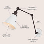 JONATHAN Y JYL7462C Rover 7" Classic Industrial Metal Adjustable Arm LED Wall Sconce, White/Oil Rubbed Bronze for Bedroom, Bathroom, Vanity