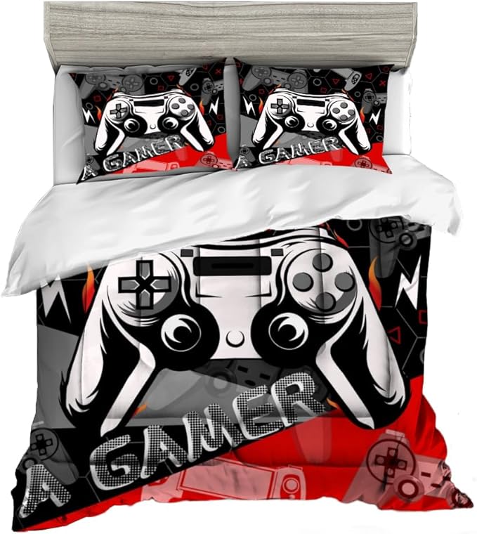 Sunnycitron Red Gamer Comforter Set for Boys Gaming Bedding Set Teens Game Room Decor Queen (1 Comforter + 2 Pillowcase)