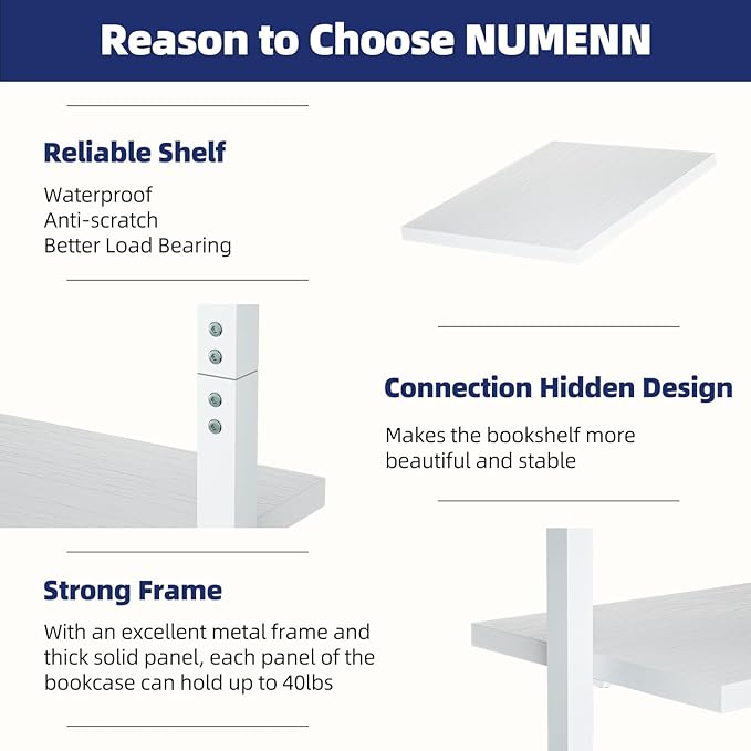NUMENN Industrial Ladder Shelf, 5 Tier Book Shelf, Open Space Wall Mount Bookshelf with Metal Frame, Sturdy Book Shelves, Bookcase for Living Room, Home Office, White