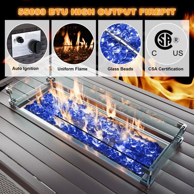 Patio Furniture Set with Fire Pit Table 8-Piece Outdoor Sectional Furniture Outdoor Rattan Patio Conversation Sets with 43in 55,000 BTU Propane Gas Fire Pit Table Glass Table, Navy Blue