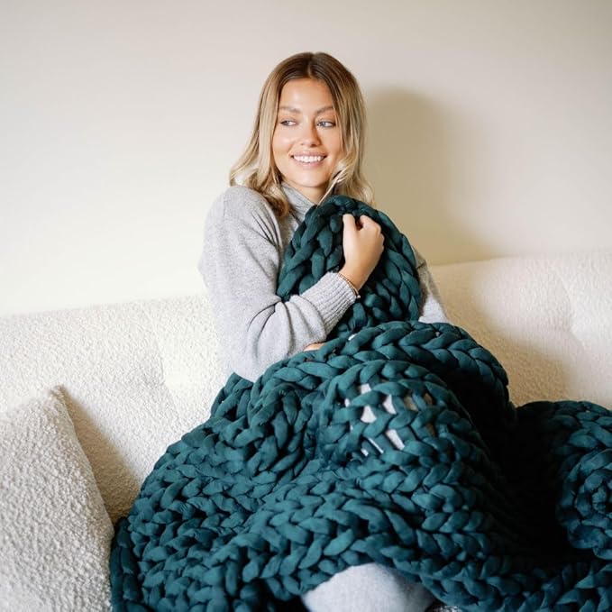 Nuzzie Chunky Knit Weighted Blanket - Breathable, Cooling, Hand Made Knit Throw Blanket for Sleep - Machine Washable, Stylish Decor Design (Forest Green, Queen | 28lbs | 80"x80")