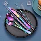 Portable Stainless Steel Flatware Set, Travel Camping Cutlery Set, Portable Utensil Travel Silverware Dinnerware Set with a Waterproof Case (Rainbow)
