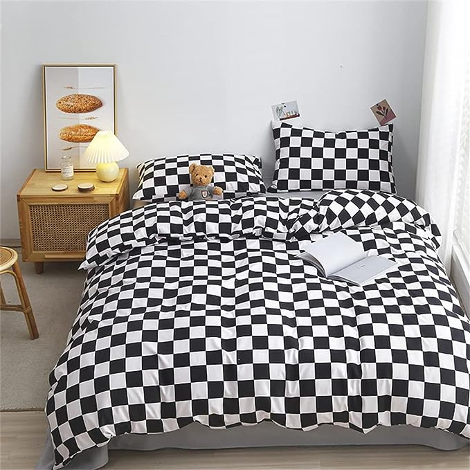 Wellboo Black White Plaid Comforter Sets Queen Women Men Black and White Checkerboard Grid Bedding Comforters Cotton Boys Girls Modern Black Checkered Geometric Quilts Luxury Abstract White Bedding