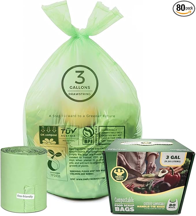 3 Gallon Compostable Trash Bags with Handle-Tie, Thick 0.67 Mil, 11.36 Liter, 80 Bags, Small Kitchen Food Scrap Waste Bag, ASTM D6400, US BPI and OK Compost Home Certified