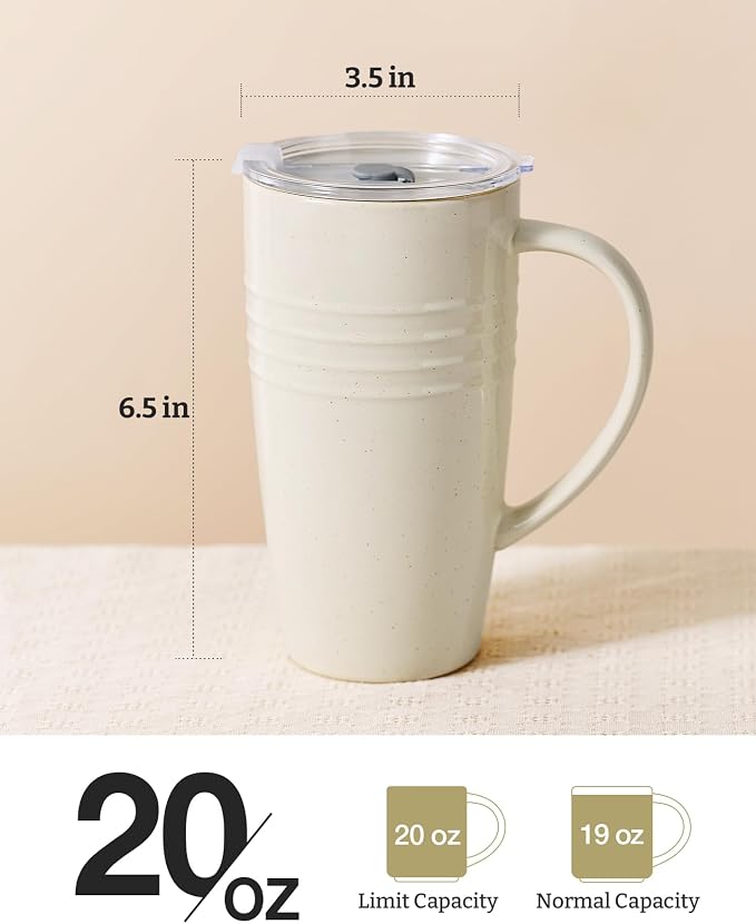 famiware Jupiter Large Coffee Mug, 20oz Coffee Mug with Lid, Ceramic Mugs Set of 2, Cup Set with Handle for Latte, Tea, Cocoa, Milk, Microwave and Dishwasher Safe,Light Blue and Vanilla White