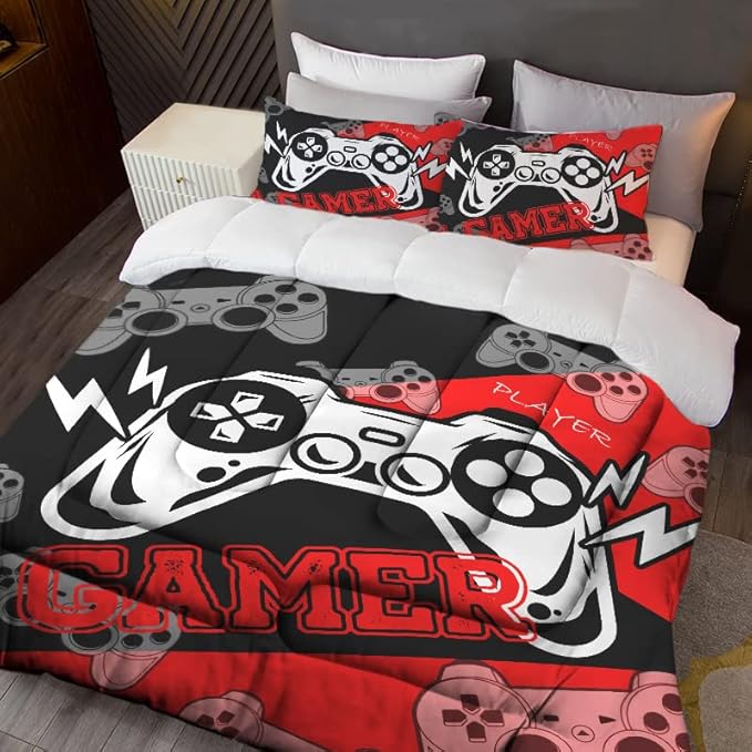 Sunnycitron Gaming Comforter Set for Boys Gamer Bedding Full Size Gamer Comforter Boys Teen Gamepad Game Bedding Kid's Comforter Set 1 Comforter with 2 Pillowcases