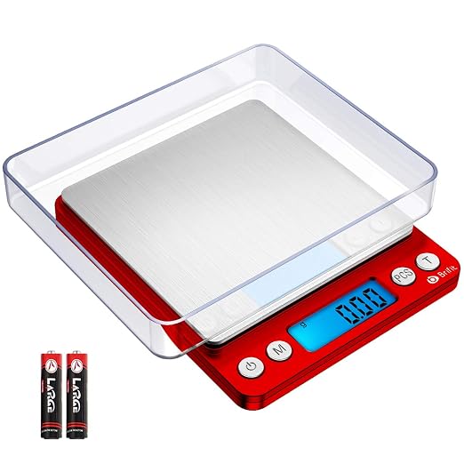 AMIR Upgraded Digital Kitchen Scale, 500g Mini Pocket Jewelry Scale, Cooking Food Scale with Back-Lit LCD Display, 2 Trays, 6 Units, Auto Off, Tare, Stainless Steel (Batteries Included)