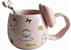 DTIUYIOP-Cute Pink Cat Ceramic Coffee Mug with 3D Bow & Bow Spoon, Kawaii Kitty Animal Tea Cup, Large Curved Handle Milk Cup, Lovely Gift for Girls Women Birthday Christmas