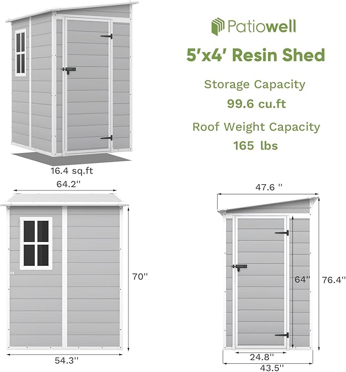 Patiowell 5x4 FT Outdoor Storage Shed, Resin Storage Shed with Floor & Lockable & Window Door for Patio Furniture, Garden Tools and Bicycle, White & Grey