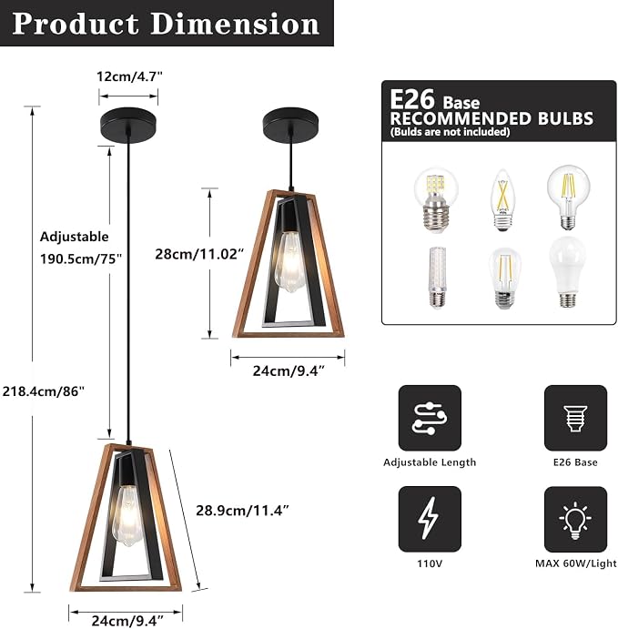 Modern Pendant Lighting Black Pendant Lights Kitchen Island 2 Pack Industrial Metal Pendant Light Fixtures Mid Century Hanging Lamp for Living Room Dining Room