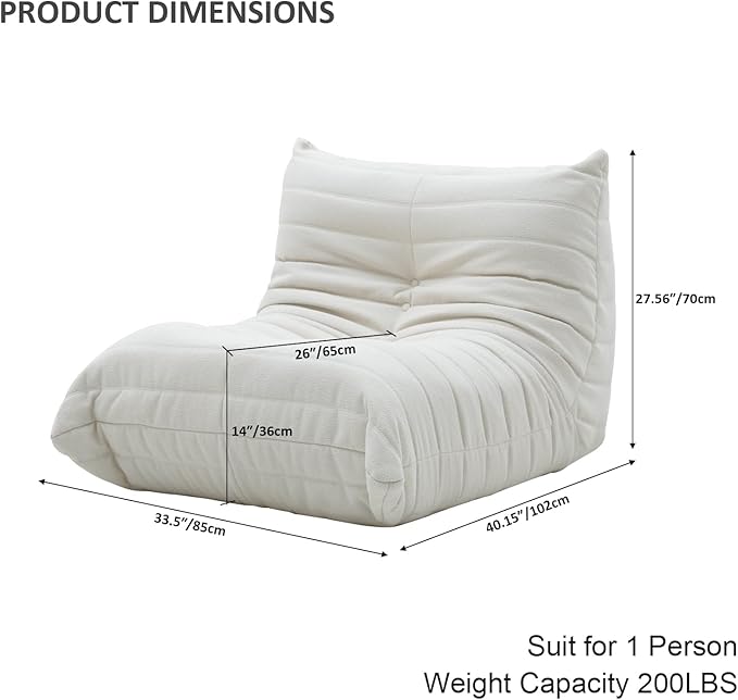 Luxury Sofa Couch Chair, Lazy Floor Seating, Fireside Bean Bag Chair, Ergonomic Tatami Sofa Lounger for Living Room, Bedroom, Office, Single Seat, White