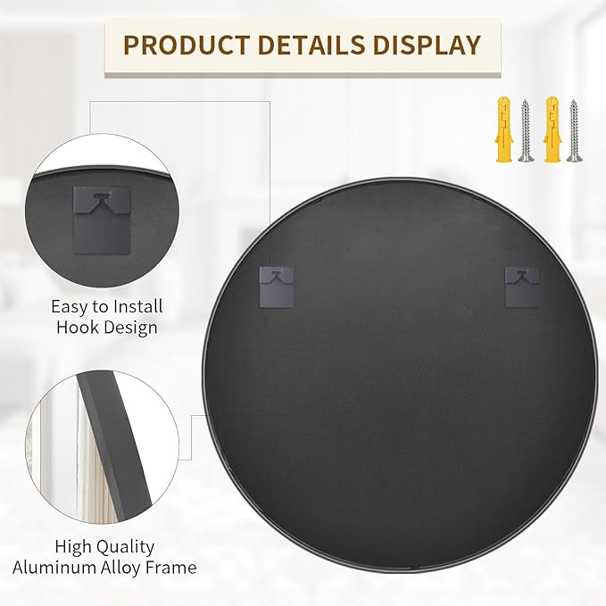BEAUTYPEAK 48 Inch Round Mirror, Metal Frame Circle Mirror, Wall Mounted for Entryway, Bathroom, Vanity, Living Room, Black