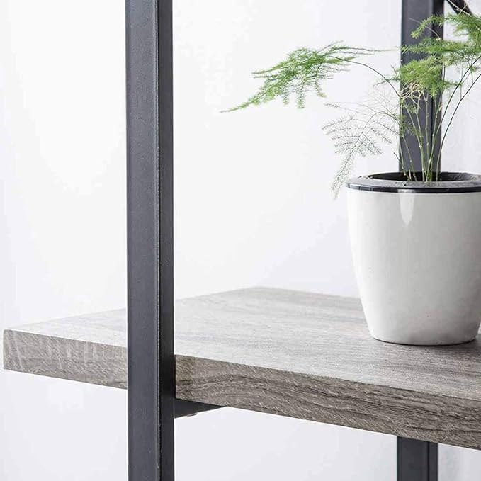 HSH 5-Shelf Vintage Industrial Rustic Bookshelf, 5 Tier Wood and Metal Bookcase, Open Etagere Book Shelf, Farmhouse Wooden Bookshelves, Light Grey Oak