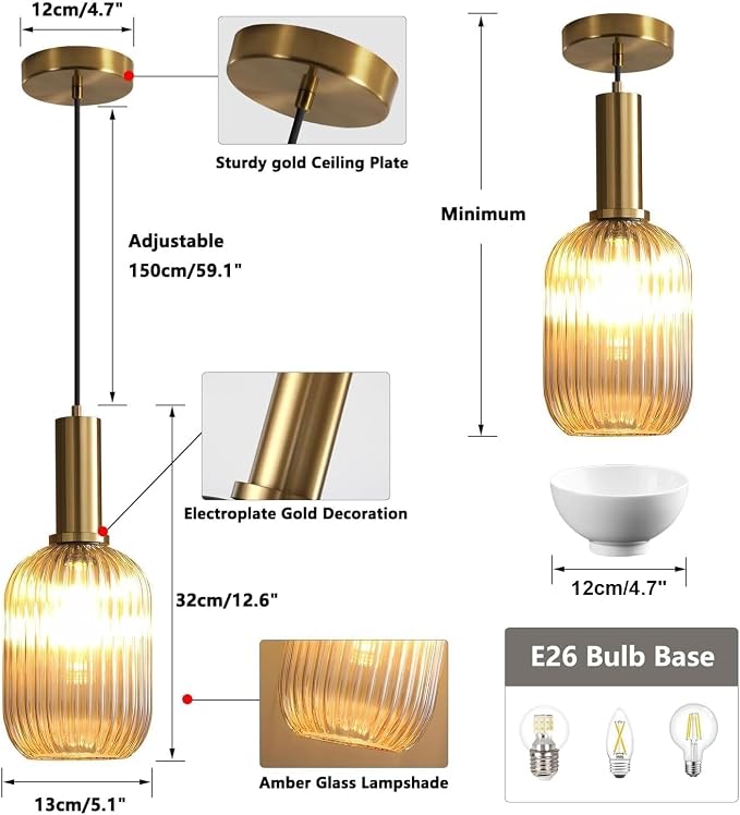 KCO Modern Brushed Gold Mini 5.1” Cylinder Amber Ribbed Glass Pendant Light | E26 Bulb Hardwired, Adjustable Cord Mid Century Vintage Brass Hanging Ceiling Lamp for Sloped Ceiling Kitchen Dining Room Bar