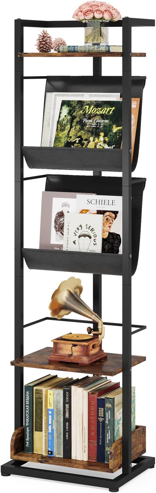 Bookshelf 5-Tier Book shelf: Tall Narrow Bookshelf Bookcase, Industrial Modern Sturdy Display Bookshelves for Small Spaces, Rustic Brown
