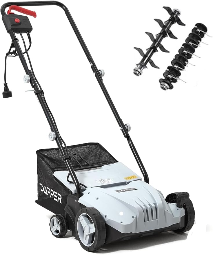 13-Inch 2-in-1 Electric Dethatcher and Scarifier Lawn Dethatcher with 8-Gallon Removable Thatch Collection Bag, 4-Position Depth Adjustment, 12 Amp, Quick-Fold, Keeps Lawn Healthy
