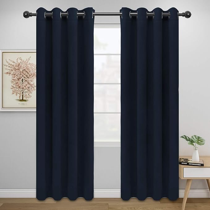 Easy-Going Blackout Curtains for Bedroom, Solid Thermal Insulated Grommet and Noise Reduction Window Drapes, Room Darkening Curtains for Living Room, 2 Panels (52x84 in,Navy)