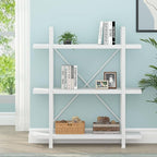 HSH 3 Tier White Bookshelf, Modern Small 3 Shelf Bookcase, Industrial Metal Wood Storage Shelves and Display Book Rack, Farmhouse Open Low Book shelf for Bedroom Living Room Office, White Oak