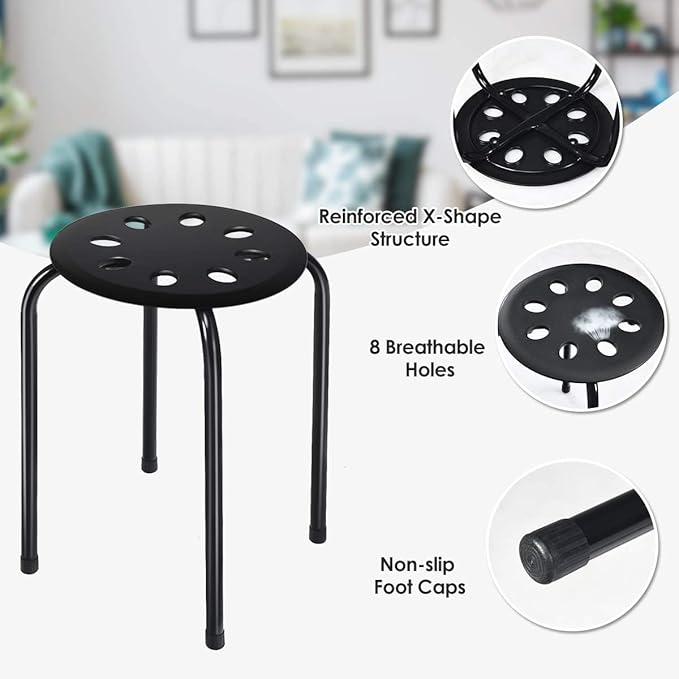 Hysache Plastic Stackable Stools Set of 6, 17.5" Multipurpose Stool Chairs w/Metal Frame, X-Shape Connection, Non-Slip Feet, Backless School Classroom Nesting Stool for Students Child Kids (Black)