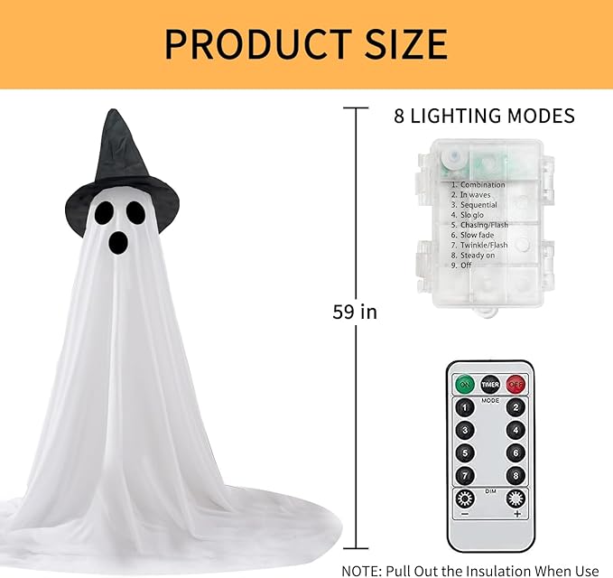 2 Packs Halloween Ghost Outdoor Decorations, 59” Light Up Ghost Decor with Remote Control, Adjustable Height Standing Halloween Lighted Ghost Kit with Witch Hat Ideal for Porch, Garden, Yard