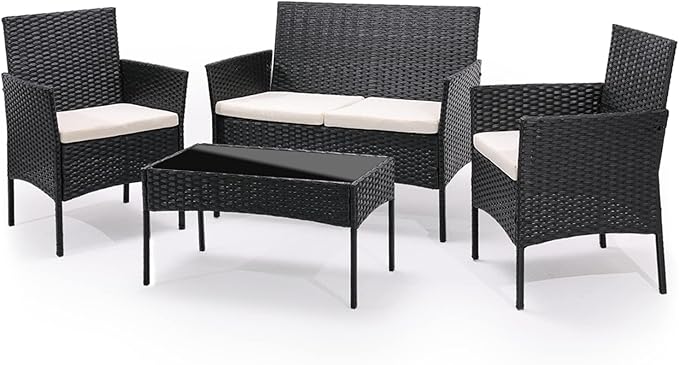 MoNiBloom 4 Pieces Patio Furniture Sets, Non Slip Foot Pads Wicker Rattan Sofa Chair with Soft Cushions and Sturdy Coffee Table for Backyard Porch Garden Poolside Balcony, Capacity 250 lbs, Black
