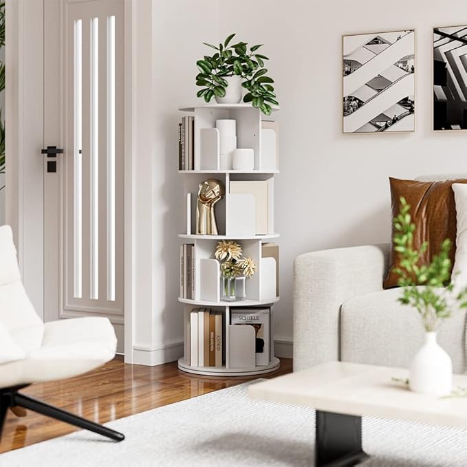 OTK Rotating Bookshelf, 360° Display Standing Book Shelf Organizer, 4 Tier Wooden Corner Bookshelves for Small Space, Small Bookcase Storage Rack for Kids' Room, StudyRoom, Bedroom, White
