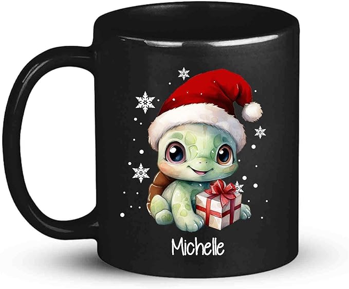 Coffee Mug With Xmas Turtle Design, Personalized Turtle Wearing Santa Hat Cup, Cute Baby Animal Black Mug 11oz 15oz, Custom Christmas Ceramic Cup, Customized Christmas Animal Mug Gift