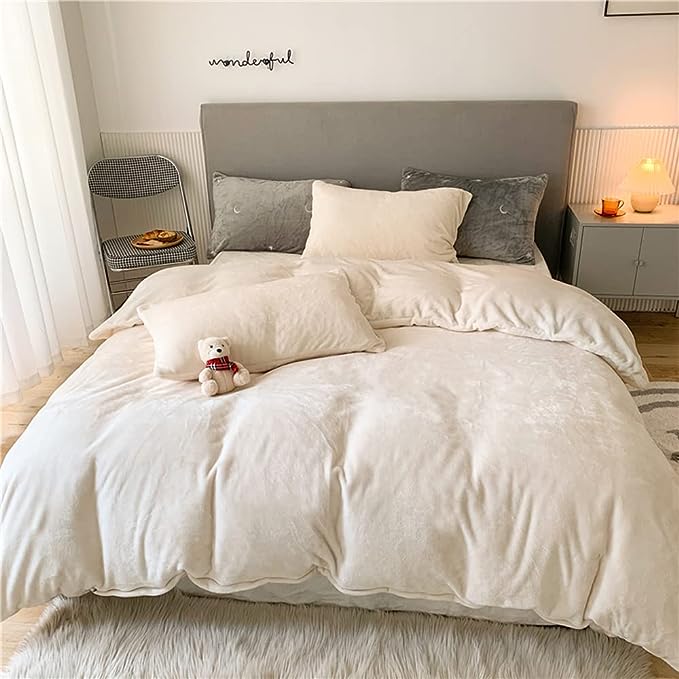 Wellboo White Velvet Comforter Sets Twin Boys Girls Solid White Fluffy Bedding Comforters Plain White Flannel Plush Quilts Women Men All White Winter Blanket Aesthetic Micromink Sherpa Bedding Durable