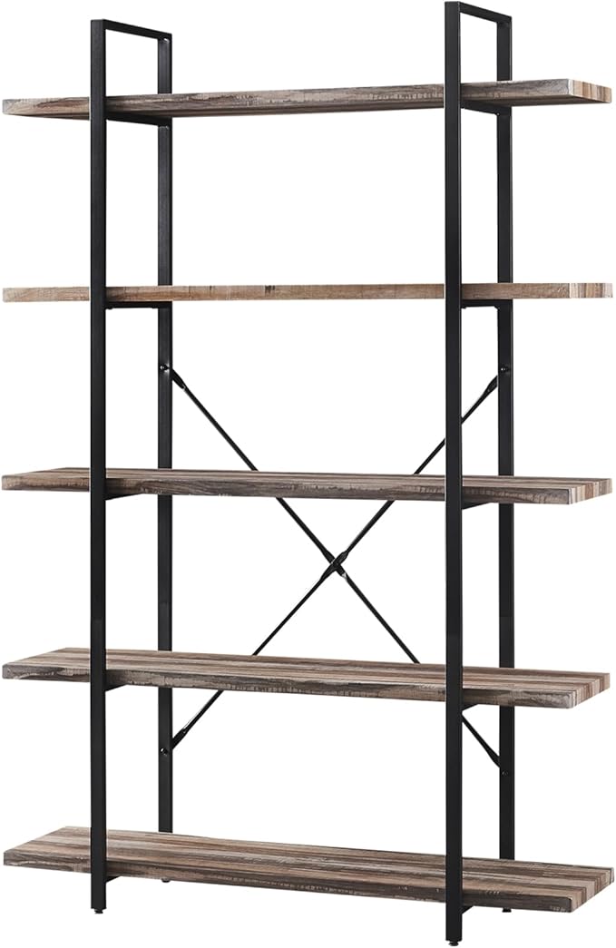 HOMISSUE Bookshelf,5-Tier Bookshelf Industrial Bookcase and Bookshelves,Rustic Storage Rack with Open Shelves for Living Room Bedroom and Kitchen,Retro Brown