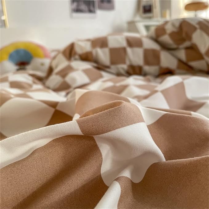 Wellboo Light Brown Plaid Comforter Sets California King Women Men Cream Coffee and White Checkerboard Grid Bedding Comforters Cal King Cotton Boys Girls Modern Light Taupe Checkered Geometric Quilts