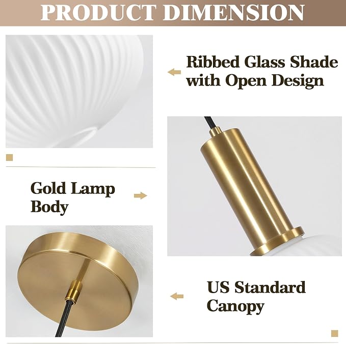 KCO Mid Century Modern Gold 12” Large White Milk Ribbed Glass Pendant Light | E26 Base, Adjustable Height, Lantern Shade Vintage Brass Hanging Light for Sloped Ceiling Kitchen Island Sink Dining Room Bar