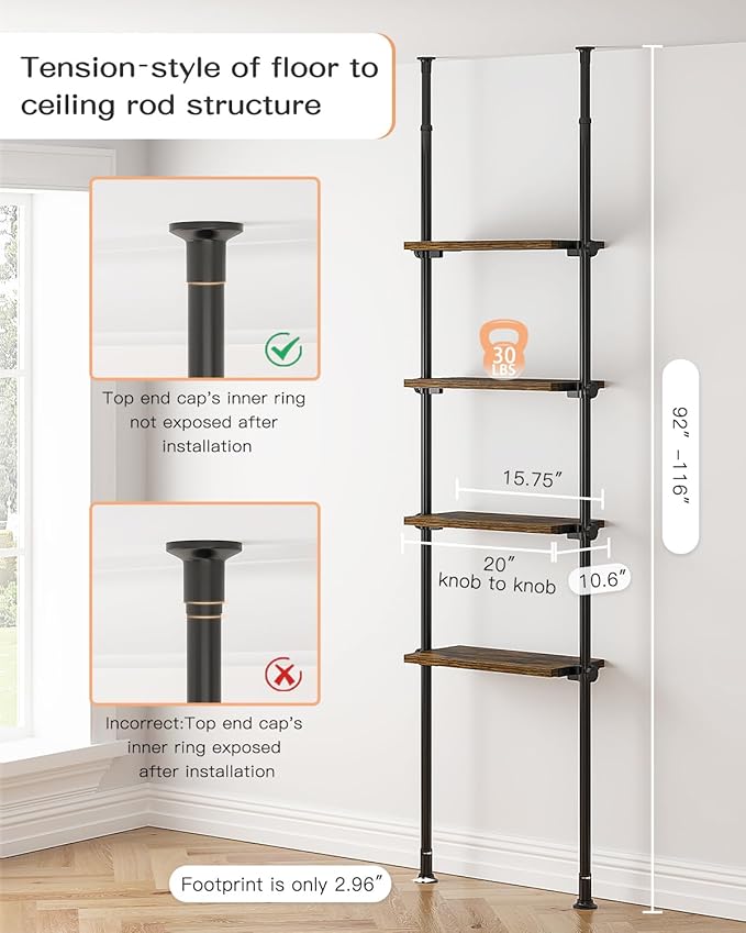 ALLZONE Adjustable Tall Narrow Bookshelf for Bedroom,4-Tier Ladder Bookshelf for Small Spaces,Tension Mount Small Book Shelf and Tall Bookcases, 64 to 113Inch Height Skinny Bookshelf with Open Storage