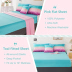 PERFEMET 6Pcs Teal Purple Comforter Set Twin Size, Tie Dye Rainbow Glitter Bed in A Bag, Gradient Pastel Ombre Sparkle Bedding Set for Kids Teens Girls (Blue Teal Purple, Twin)