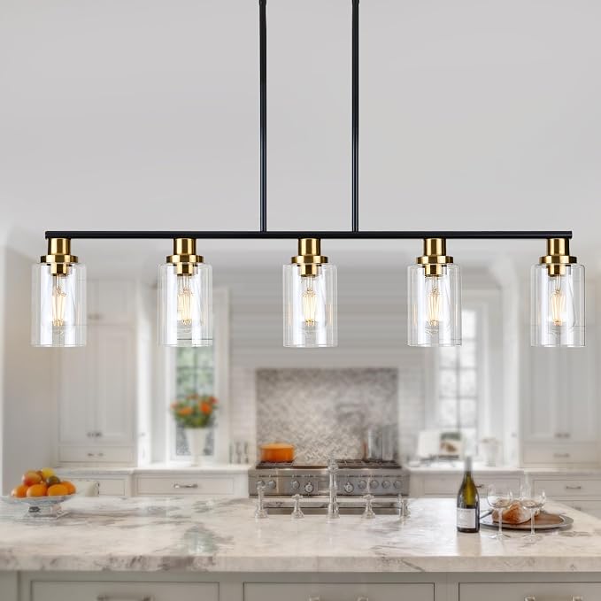 Dining Room Light Fixture,5-Light Farmhouse Linear Chandeliers for Dining Room Over Table，Matte Black and Gold Finish Kitchen Island Pendant Lighting for Kitchen Island，Pool Table Light