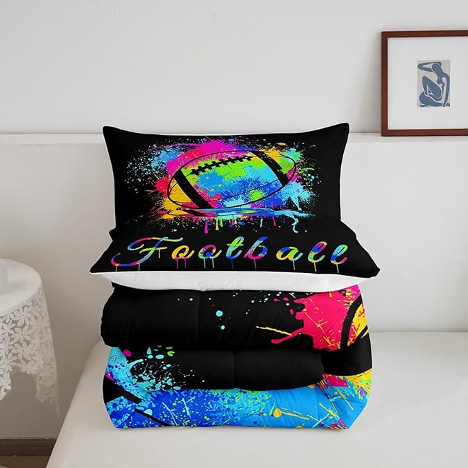 Feelyou Kids Football Comforter Set Twin Size Rugby Sports Game Bedding Set for Boys Girls Teens Bedroom Decor Tie Dye Comforter Women Men Soccer Player Duvet Set with 1 Pillow Case