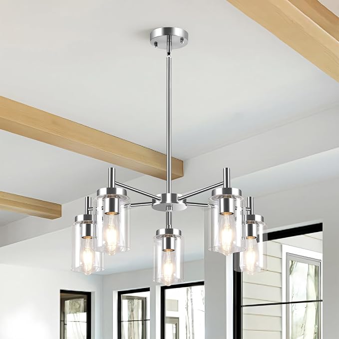 5 Lights Brushed Nickel Modern Farmhouse Chandelier for Dining Room with Glass Shade, Pre-Wired Height Adjustable Pendant Ceiling Lighting Fixture for Dining Living Room Bedroom Kitchen Foyer