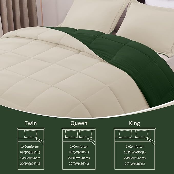 Basic Beyond Twin Comforter Set for Girls and Boys - Fluffy Twin Bed Comforter Set for All Seasons - Reversible Forest Green Comforter Set - 2 Pieces (1 Comforter + 1 Pillow Sham) - Forest Green/Ivory