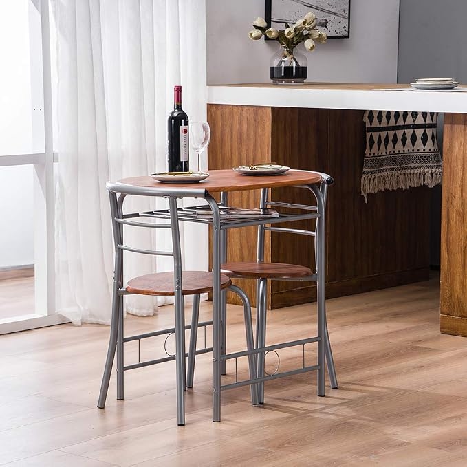 VINGLI 3 Piece Dining Set, Small Kitchen Table Set for 2, Breakfast Table Set, Kitchen Wooden Table with 2 Chairs for Small Space/Dining Room/Apartment, Metal Frame, Wine Rack, Russet