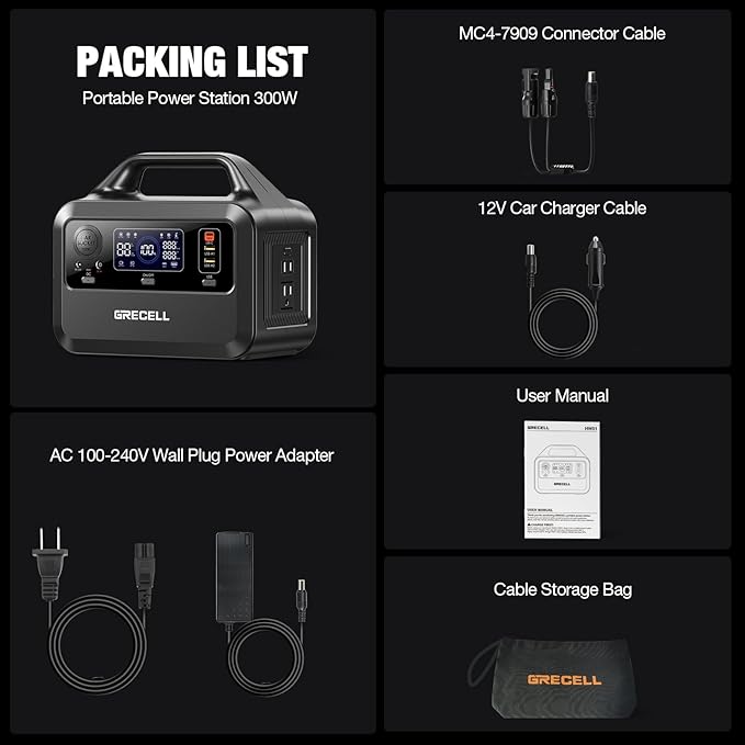 GRECELL Portable Power Station 300W, 230Wh LiFePO4 (LFP) Battery, 1.5hrs Fast Charging, 2 Up to 300W(Peak 600W) AC Outlets, Solar Generator for Outdoor Camping/RVs/Home Use