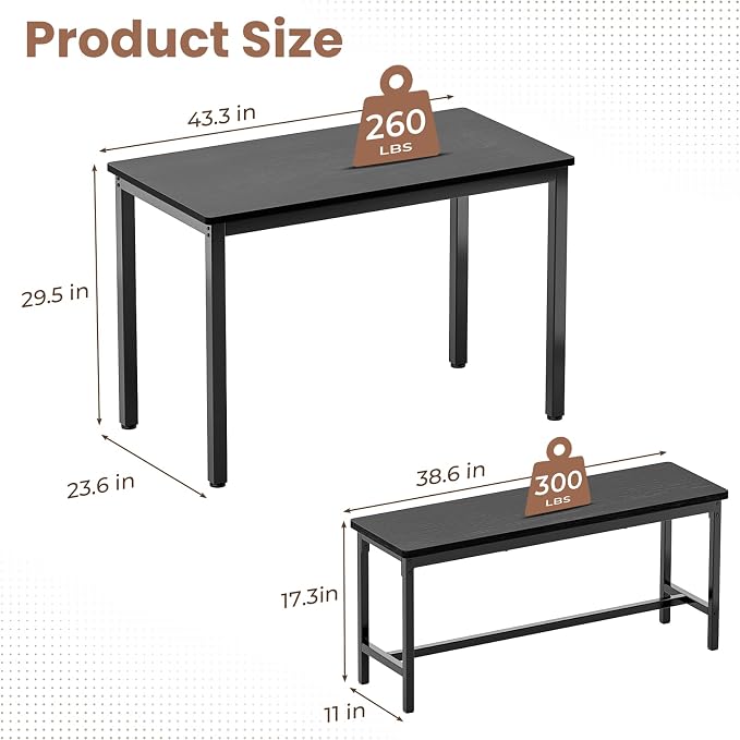 Dining Table Set for 4, Kitchen Table with 2 Benchs, Black | Modern Functional 3 Piece Space-Saving Dining Room Table Set for Apartment, Breakfast Nook, Small Space