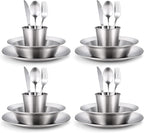 Odoland Stainless Steel Camping Mess Kit for Family & Person | Cooking Tableware Utensils with Plates Bowls Forks Spoons Knives & Savings Bag for Camping, Backpacking, Hiking, Picnic